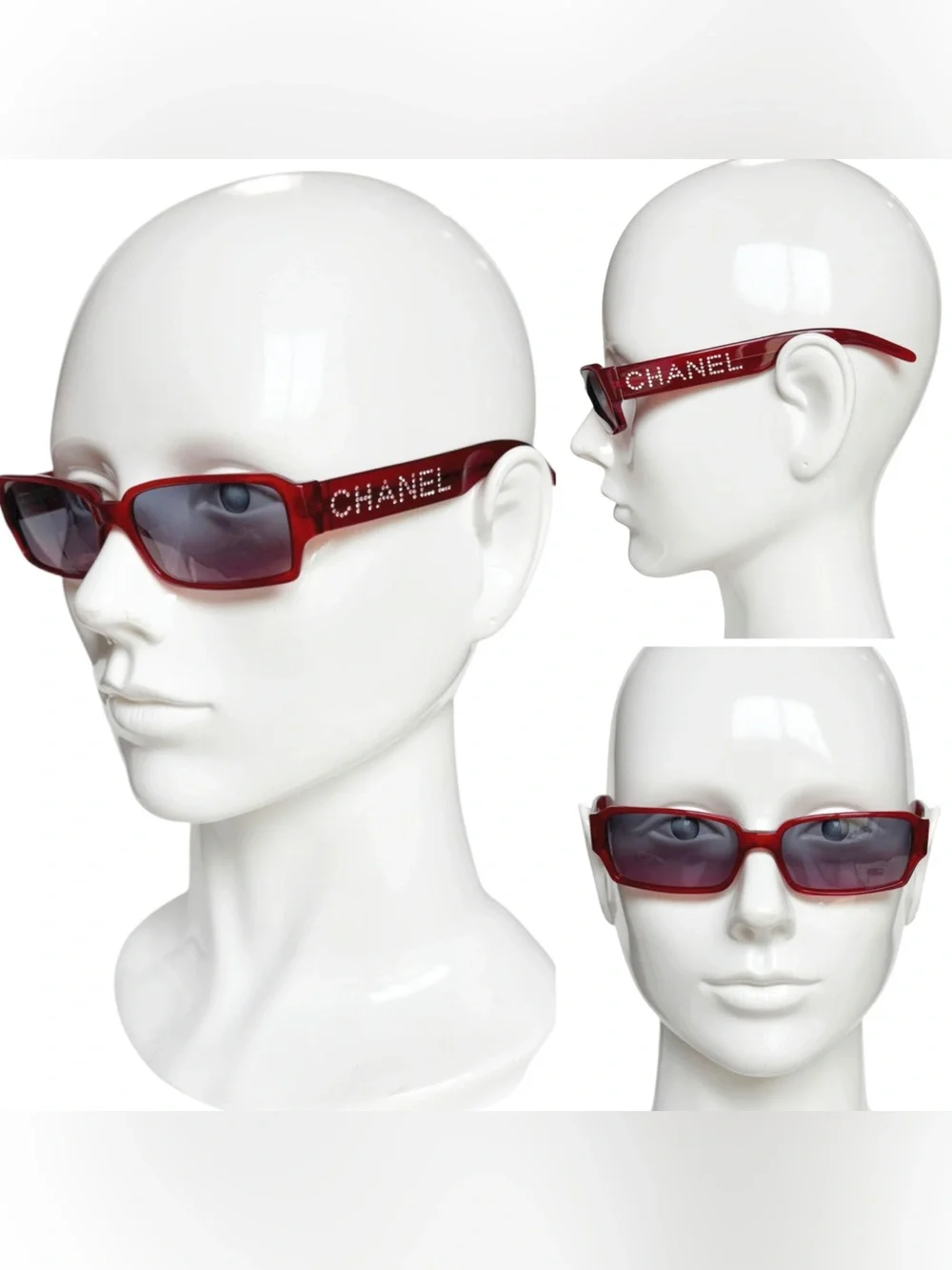 Like New CHANEL Red Rectangular Sunglasses with Crystal Logo Temples